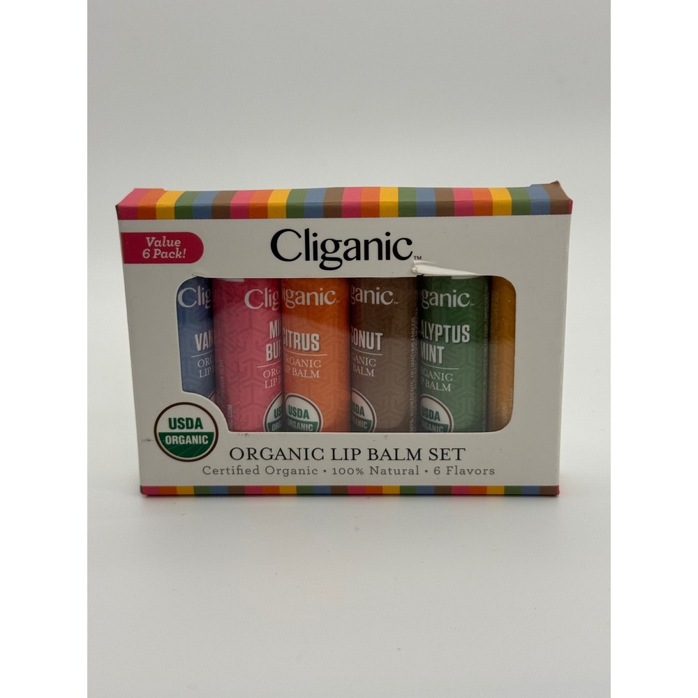 Sealed! New! Cliganic USDA Organic Lip Balm Gift Set 6 100% Natural Moisturizer